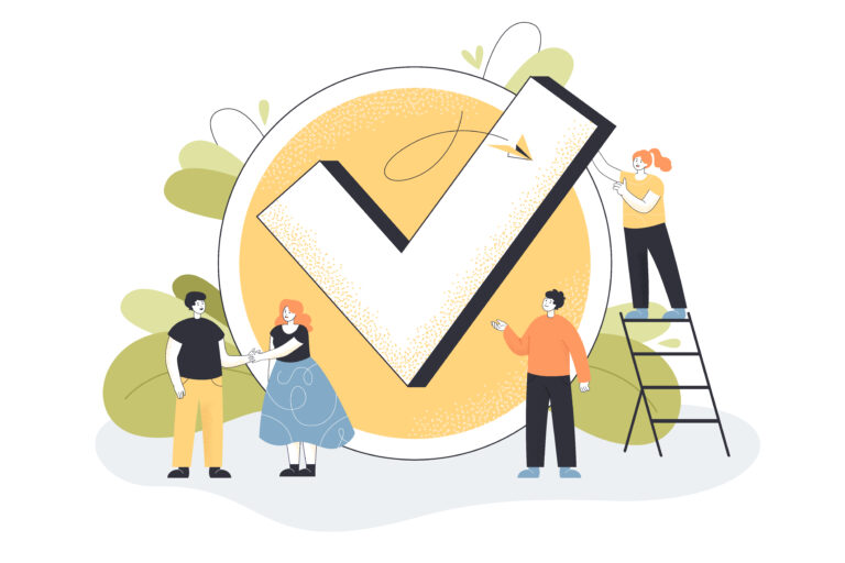 Small people standing next to a large check mark. Team of male and female characters finishing work with a to-do list or good work sign, flat vector illustration. Finished work, checklist, time management concept