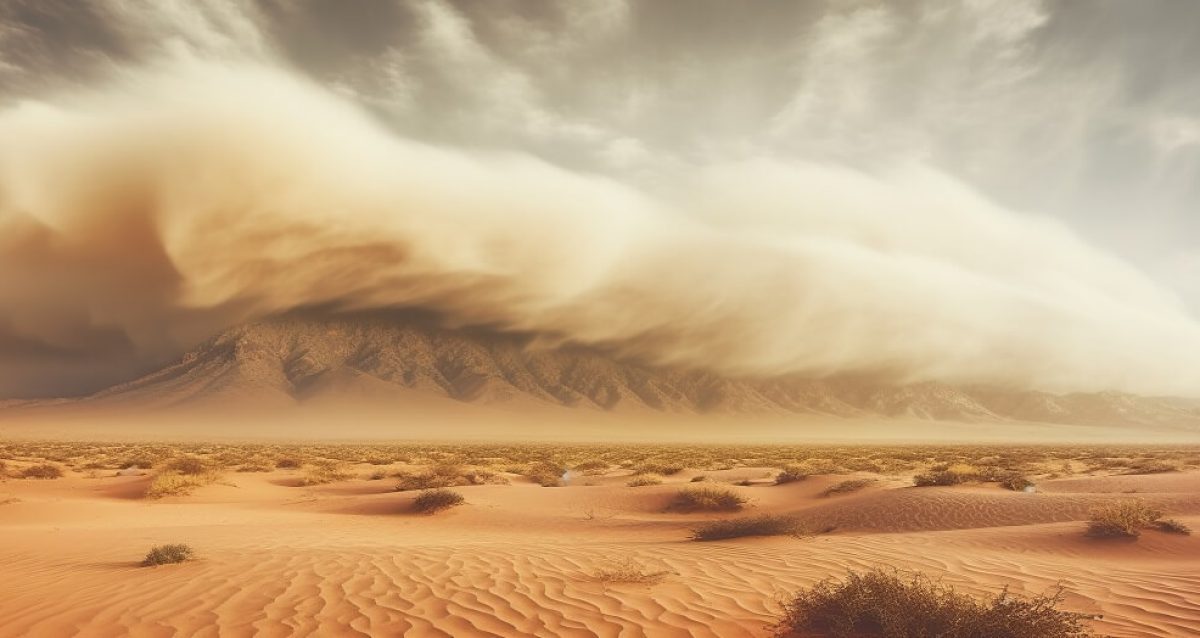 Image of a desert with a sand storm looming on the horizon