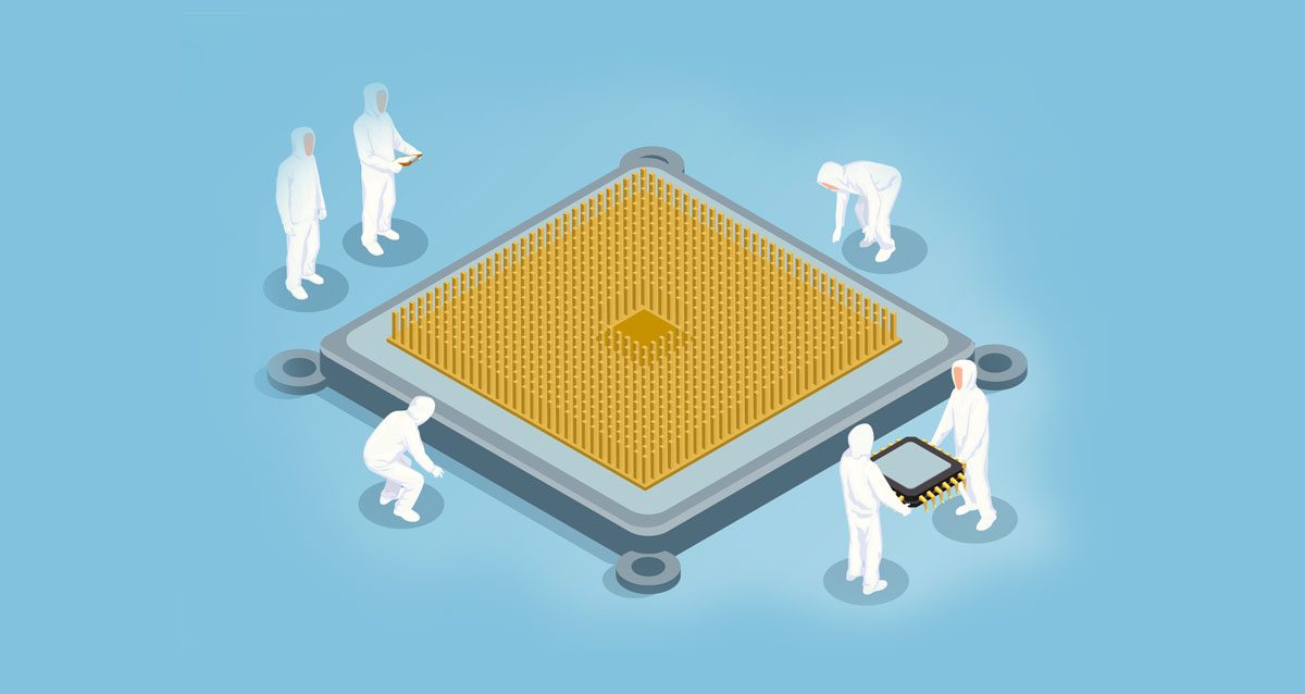 Testing by independent test houses - illustration of technicians inspecting a large microchip