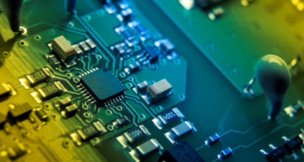 Close up of circuit board with various high-quality electronic components