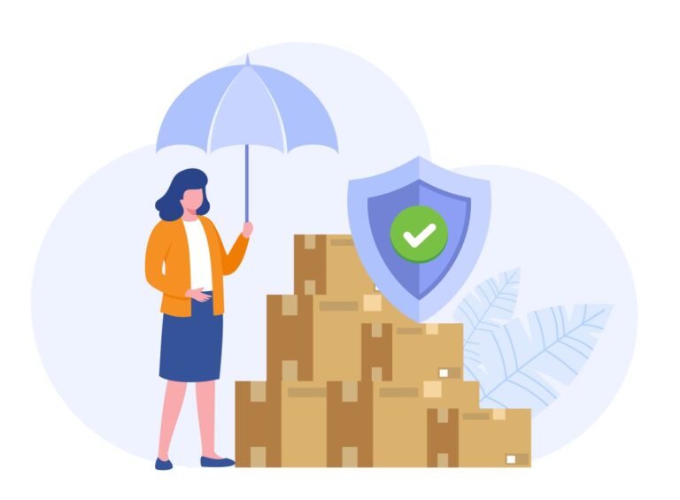 Picture of a person holding an umbrella over a pile of boxes superimposed with a shield bearing a tick mark, symbolizing insurance cover for electronic components bought from distributors